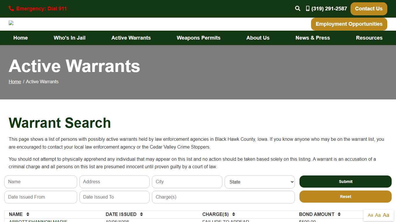 Active Warrants Black Hawk County Sheriff's Office