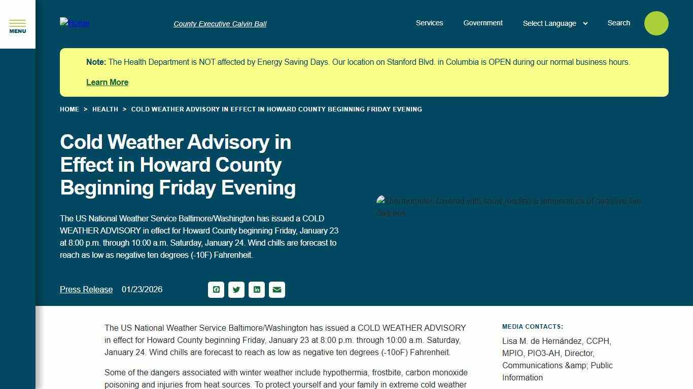 Cold Weather Advisory in Effect in Howard County Beginning Friday Evening Howard County